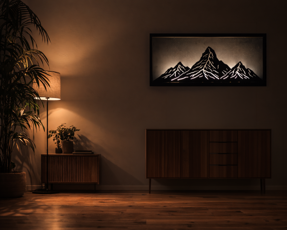 Wandbild aus Metall mit LED Beleuchtung in einem stylischen Wohnzimmer, modern und warmes Licht