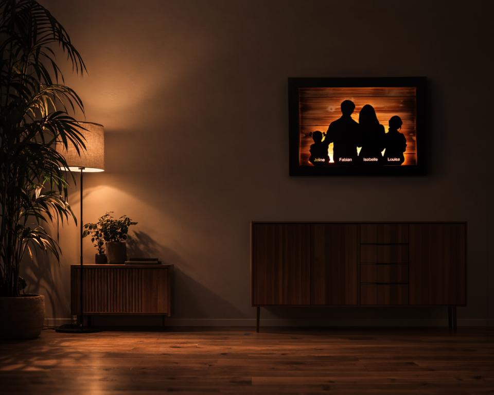 Wandbild aus Metall mit LED Beleuchtung in einem stylischen Wohnzimmer, modern und warmes Licht