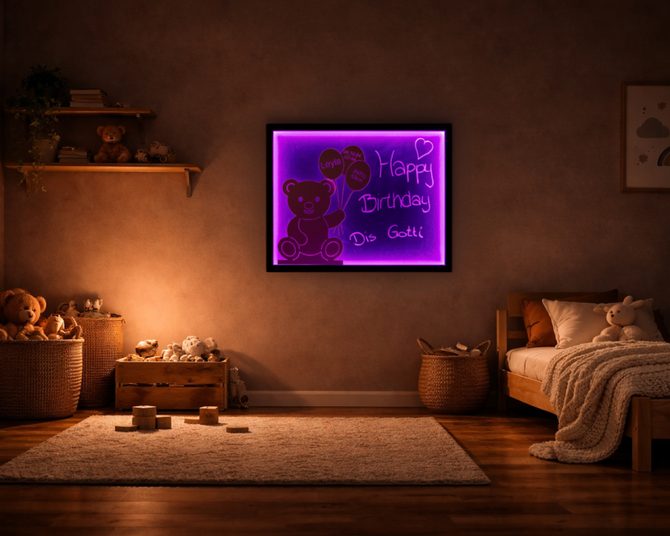 Wandbild aus Metall mit LED Beleuchtung in einem stylischen Wohnzimmer, modern und warmes Licht